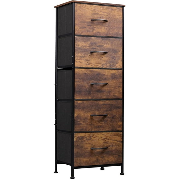 Bedroom Five Drawer Tall Dresser, Storage Organizer with Fabric Storage Boxes, Brown