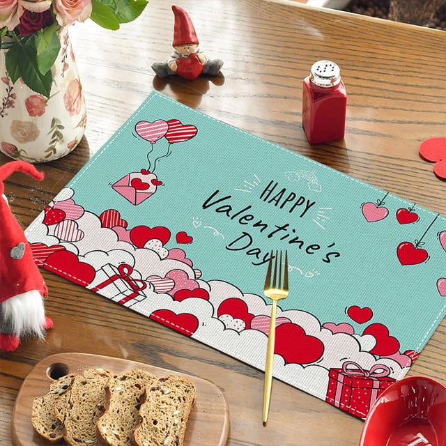 Mantel Individual de Lino para San Valentín de 45 X 30 Cm | Mantel Aislante Estampado | Decoración de Estilo Occidental para Cenas a La Luz de Las Velas | Accesorio para Cenas Navideñas Resistente a