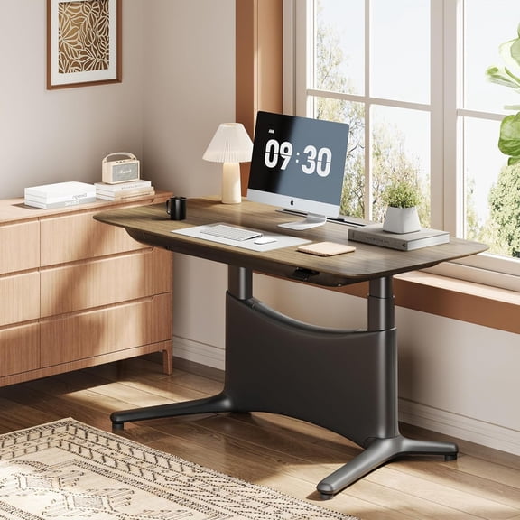 COLAMY LumiDesk 55" Electric Standing Desk, Dual Motor Whole-Piece Adjustable Sit Stand Desk with Drawer & Outlets, Ergonomic Home Office Computer Desk (Veneer Desktop, Walnut   Black)