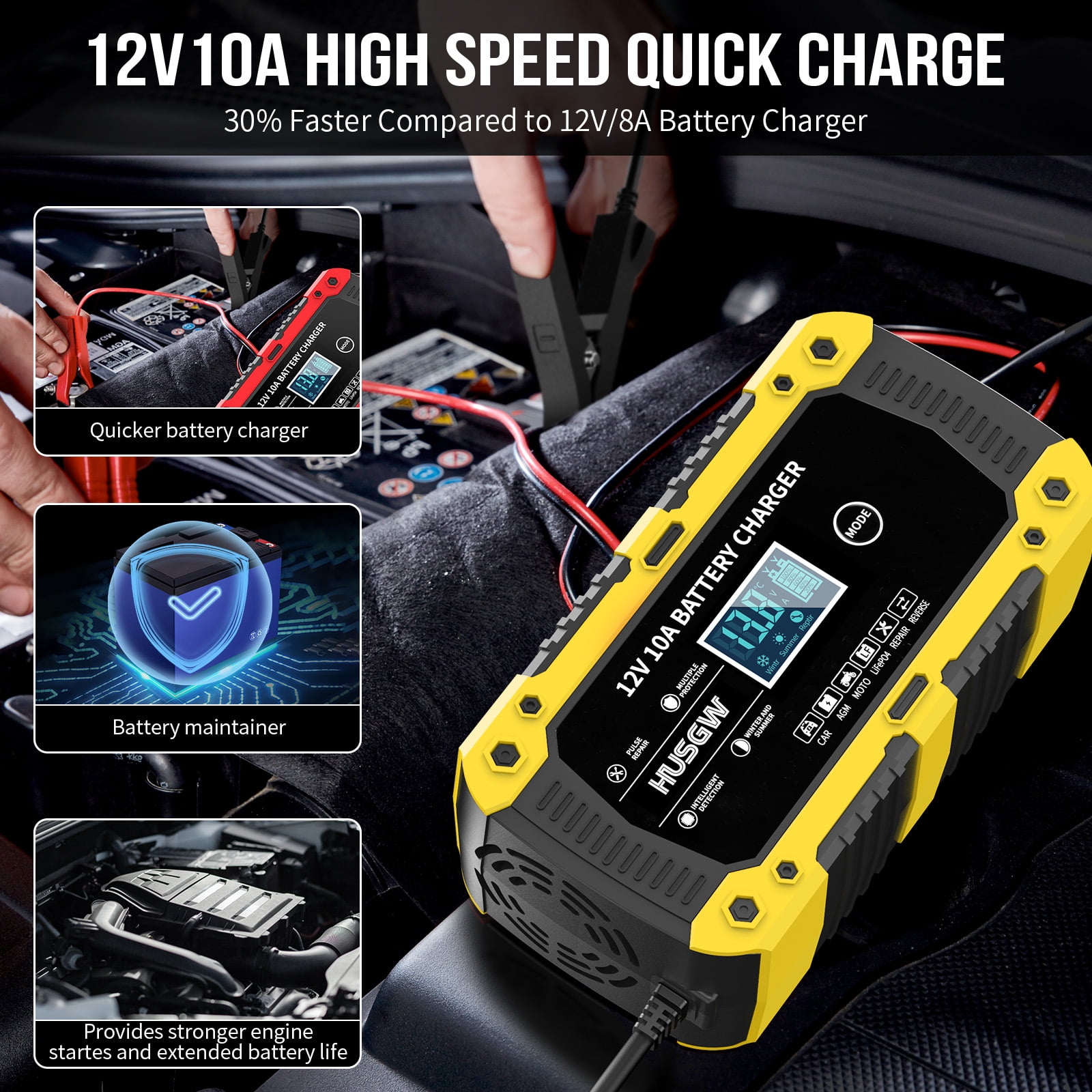 HUSGW Battery Charger 10-Amp 12V Fully-Automatic Smart Car Battery Charger, Battery Maintainer Trickle Charger, Compatible with Lead-Acid & LiFePO4  Iron Batteries，AGM, STD, Gel, Deep Cycle Batteries