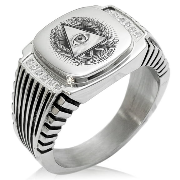 Stainless Steel All Seeing Eye New World Order CZ Ribbed Needle Stripe Pattern Biker Style Polished Ring