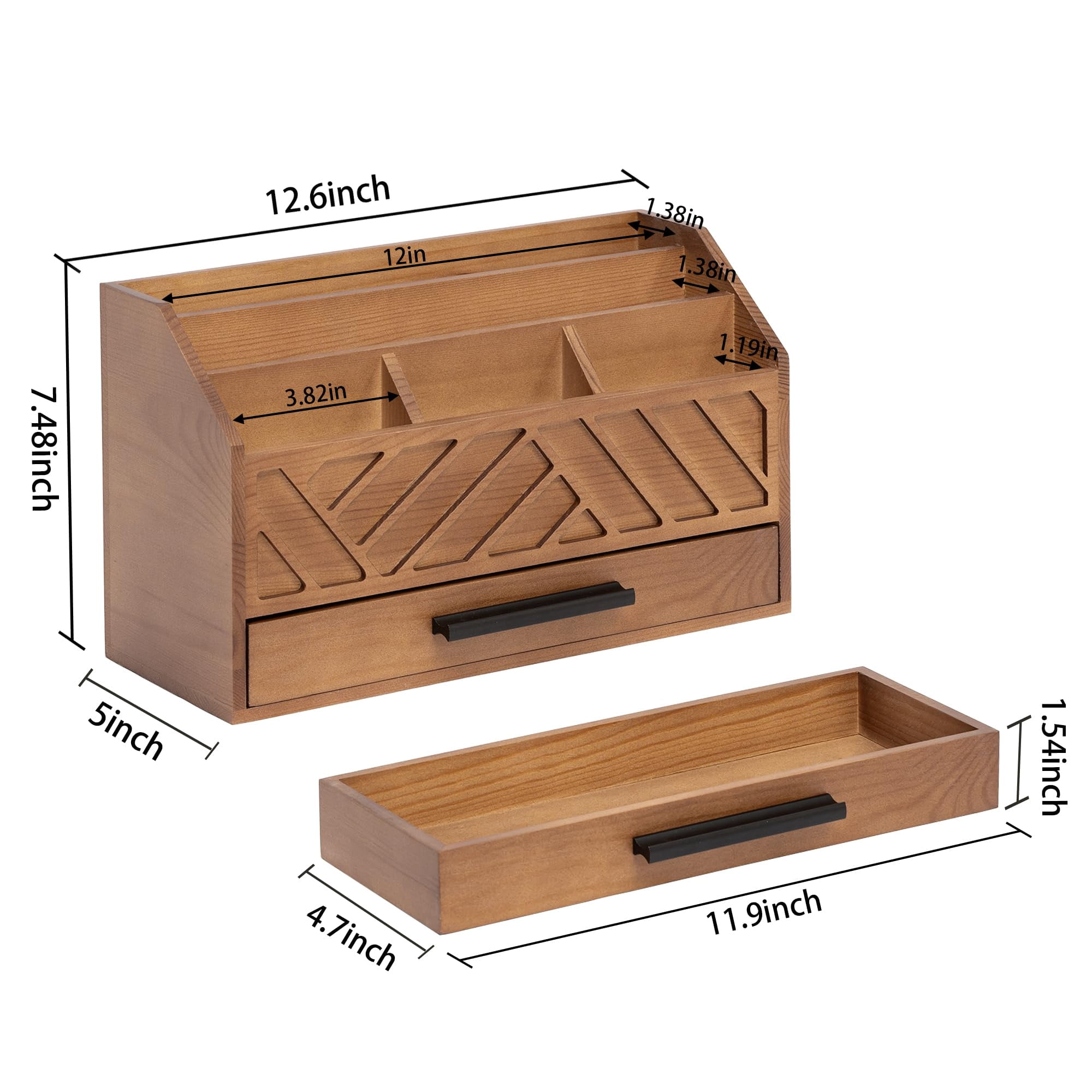 Brown Wood Desk Organizer and Accessories with Drawer, Bill Mail Organizer and File Mail Holder for Office Supplies, Modern Desk Accessories & Workspace Organizers for Desk Organization