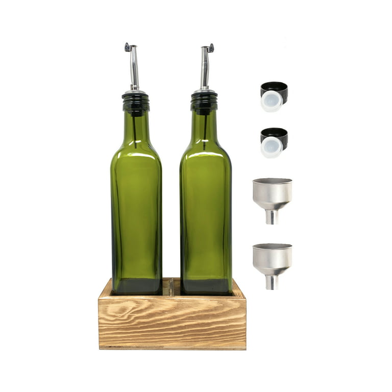 CB Accessories Oil and Vinegar Bottle Set of 2-17oz Green Glass Olive Oil  Dispenser with Wood Tray, Stainless Pourers, Funnels, Dust Caps for Rustic