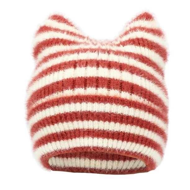 Gorro de lana con orejas de rayas y forma de pan al vapor para niños, gorro de invierno grueso con protección para las orejas, gorro de mujer
