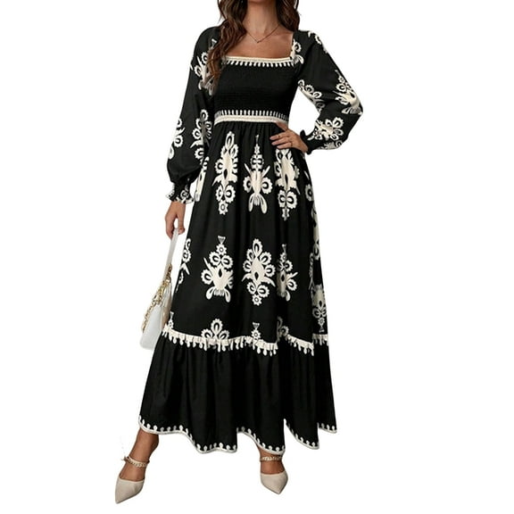 Women's Fall Wedding Guest Dresses Boho Floral Long Sleeve V Neck Flowy Elegant Maxi Dress Beach Clothes Black XXL