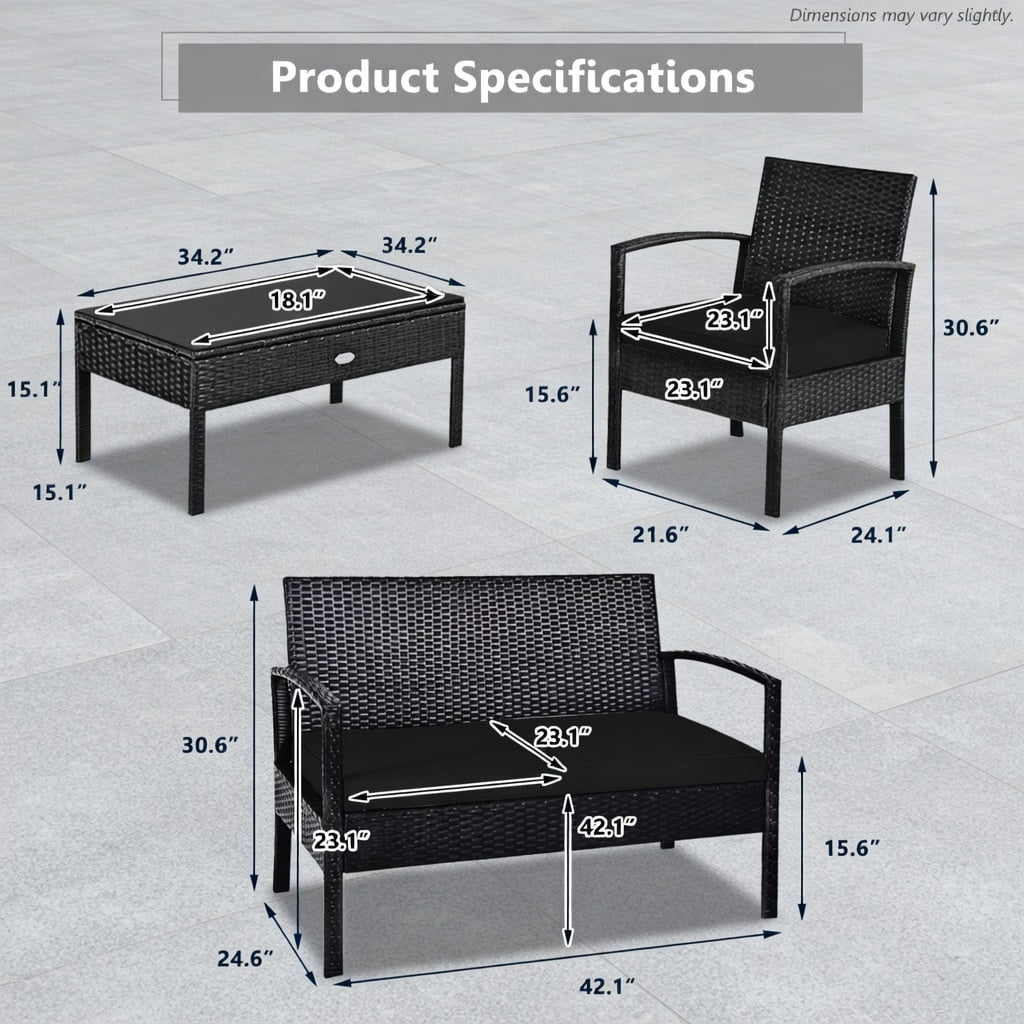 Hommoo 4-Piece Outdoor Rattan Patio Furniture Set with Cushions, PE Wicker Loveseat, Chairs & Coffee Table for Backyard, Balcony, Deck, Black
