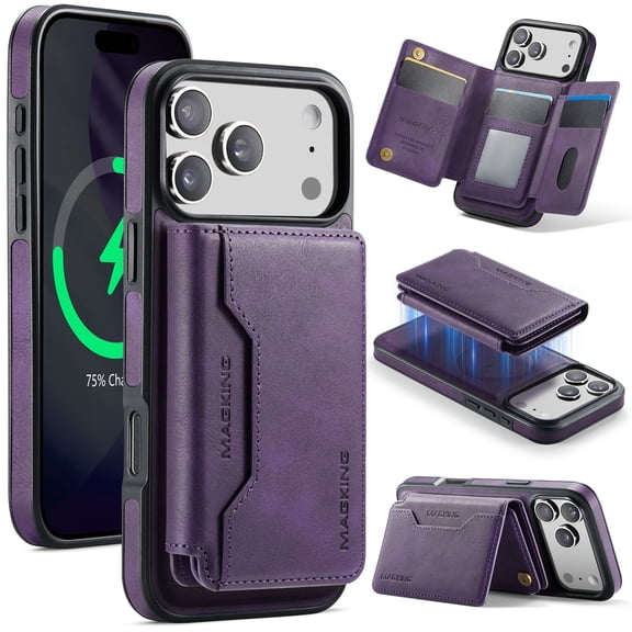 Dteck Magnetic Detachable Phone Case for iPhone 18 Pro Wallet with RFID Blocking Card Holder, Compatible with MagSafe,Purple