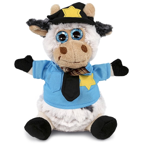 DolliBu Sitting Cow Police Officer Plush Toy - Soft Cow Cop Stuffed Animal Dress Up with Cute Cop Uniform and Cap Outfit - Perfect Gift - 7 Inches