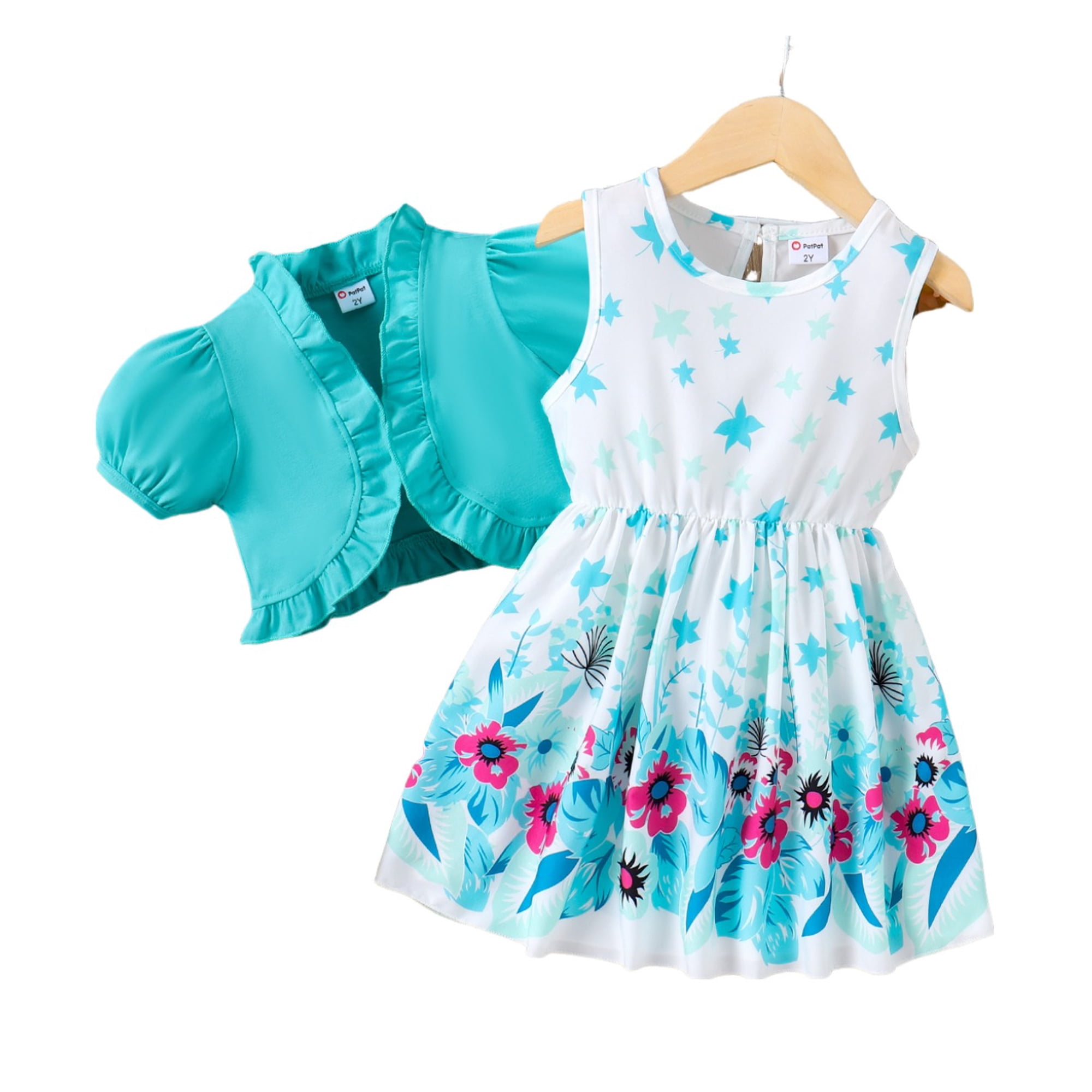 PatPat Floral Girl Dress Toddler Girl Clothes 2pcs Kid Sleeveless Dress and Short Sleeve Ruffled Cardigan Outfits Set, Mintblue, 2 Years