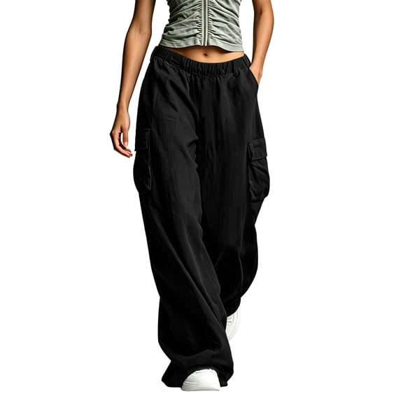 LEAVINGSUO Wide Leg Cargo Pants for Women Plus Size Elastic Waist Cargo Pants Casual Loose Wide Leg Trousers With Side Pockets Black S
