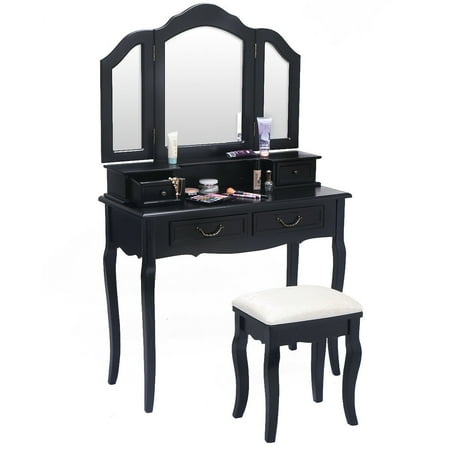 - Costway Tri Folding Mirror bathroom Wood Vanity Set Makeup Table Dresser 4 Drawers + Stool