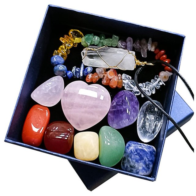 Conjunto de caja de piedras de cristal, regalo navideño, piedras preciosas, chakras, minerales presentes ER