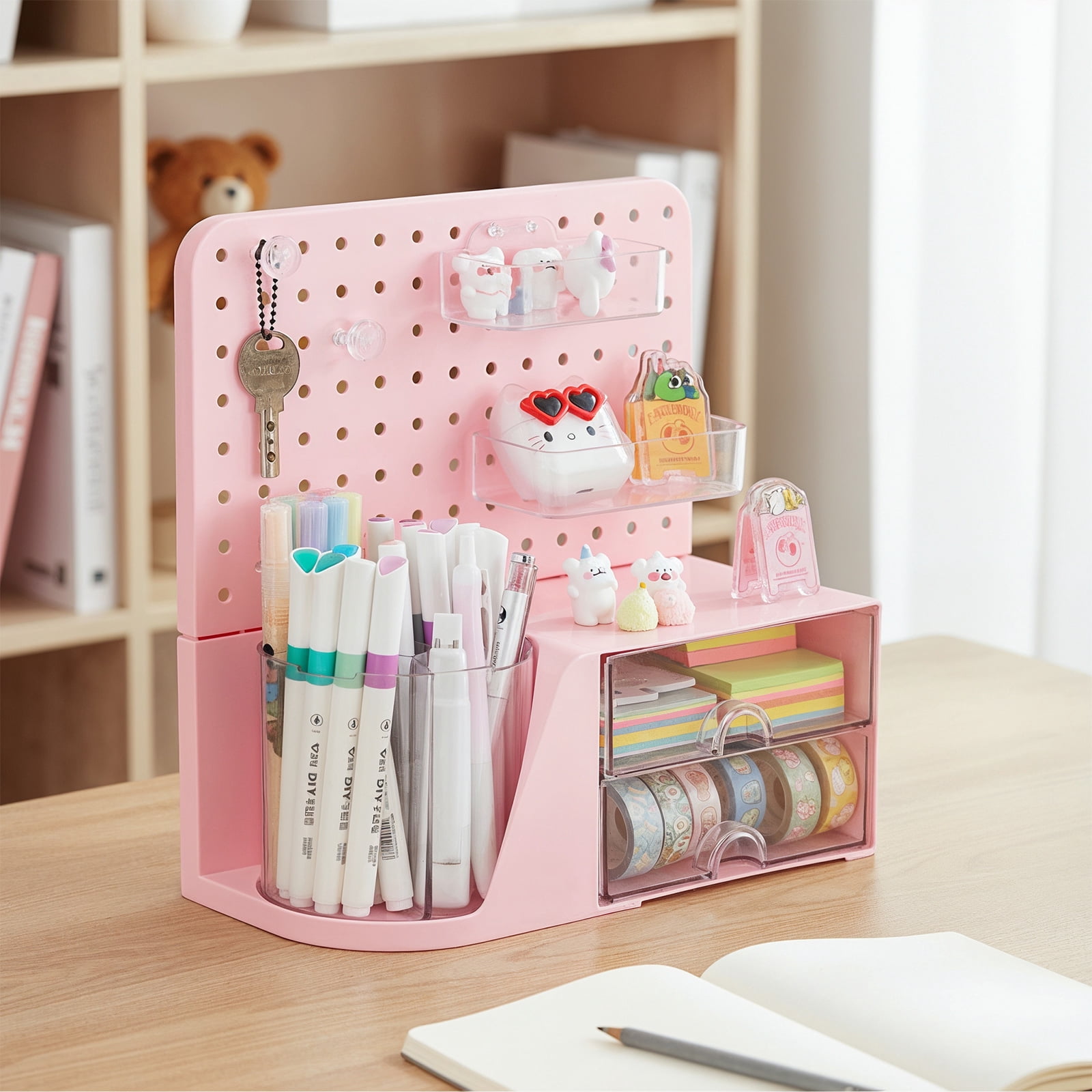 Vivin Desk Organizer, Small 2 Drawer Unit and Pen Holders, Multi-Purpose Pegboard organizer For Home Office, Pink