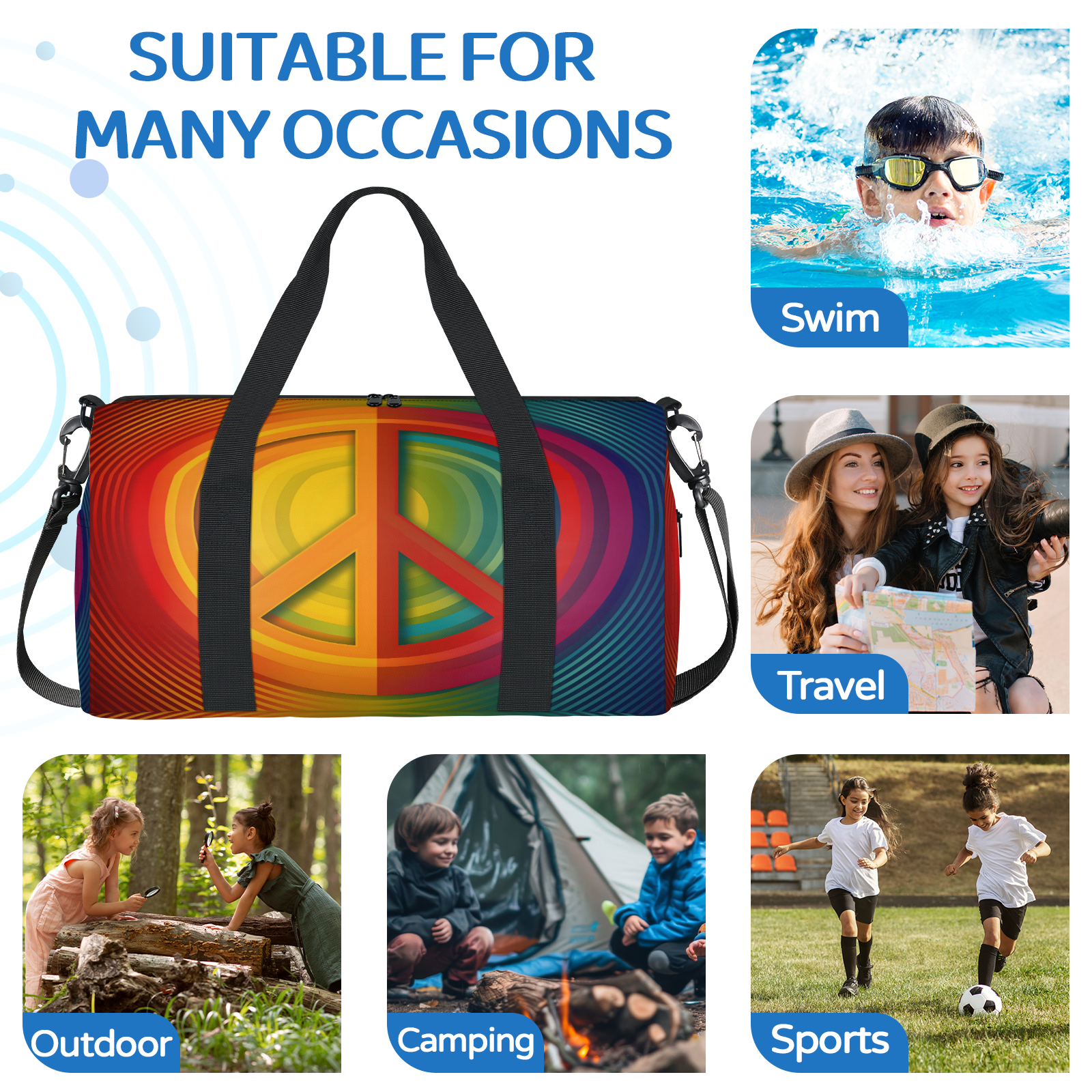Herdesigns Rainbow Hippie Peace Symbol Gym Bag for Women, Duffle Bag for Travel Sport, Lightweight Waterproof Carry on Weekender Overnight Dance Yoga Workout Bags