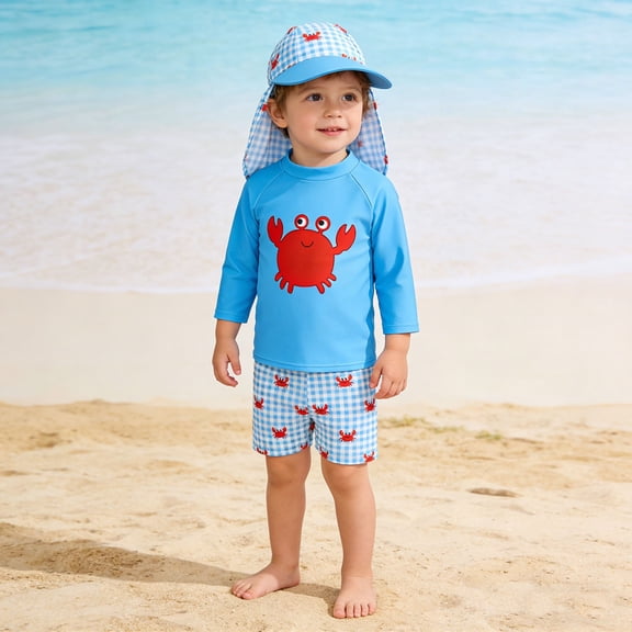 Toddler Boy Swimsuit Boys Cartoon Print Three Piece Set with Hat Bathing Suits for Girls Blue 6-12 Months