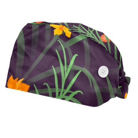 

2PCS Working Cap with Buttons and Sweatband Adjustable Tie Back Hats Bouffant Caps Tropical Flower Scrub Turban Hat