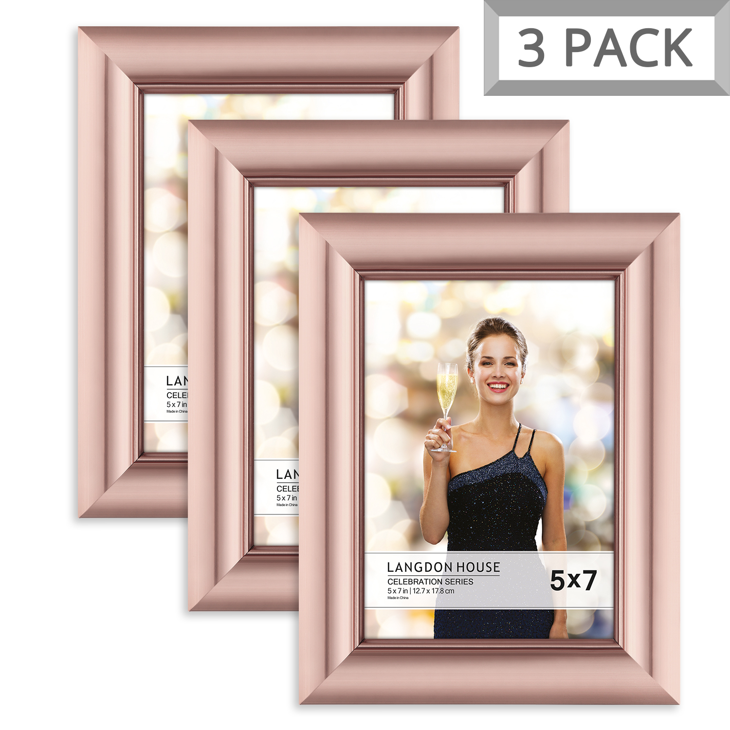 Langdon House 5x7 Rose Gold Picture Frame, Glam Style, 3 Pack