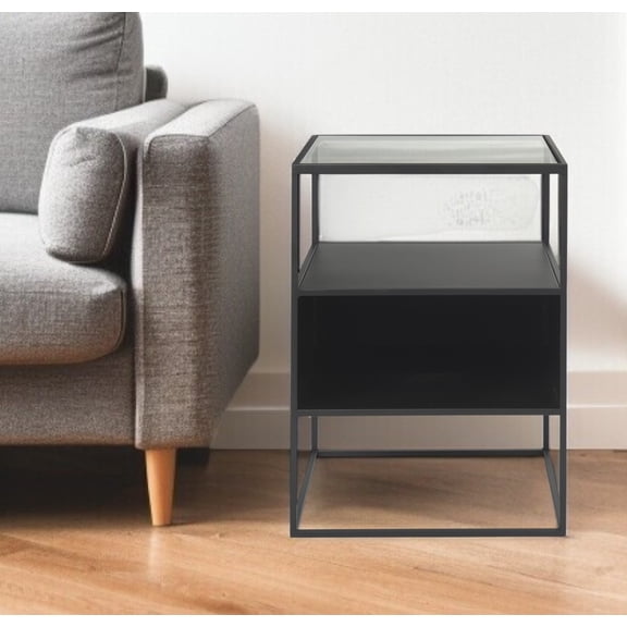HomeRoots 604465 21 in. Clear & Black Glass & Metal Square Frame End Table with Two Shelves