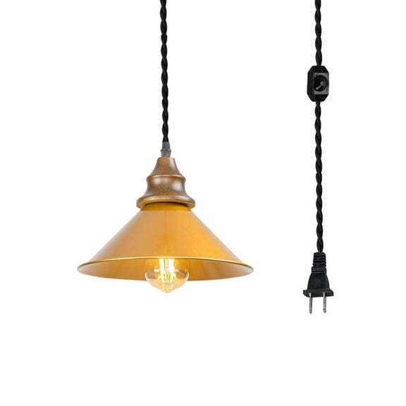 KAYYELAMP 15ft Dimmable Cord Plug-in Pendant E26 Walnut Base Dia 10.2" Gold Metal Shade Hanging Light Vintage Decor for Kitchen Farmhouse(No Bulb)