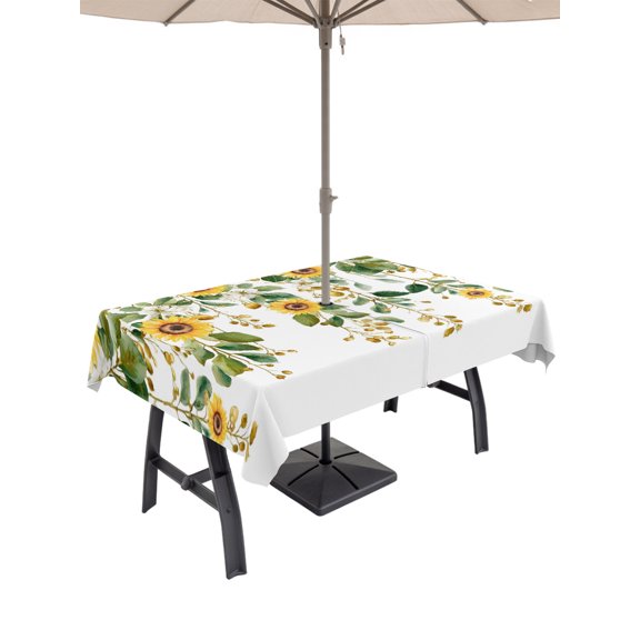 Outdoor Tablecloth with Umbrella Hole for Patio/Picnic/Party/Camping, Hanging Floral Waterproof Table Cloth Rectangle Table Cover Washable, Spring Botanical Sunflower Green Leaves (54"x 80")