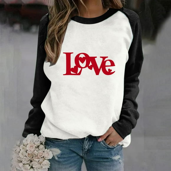 WILLBEST hoodie women Women's Valentine's Day Letter Print with Sleeve Round Neck Hoodie Casual Top mae hoodie