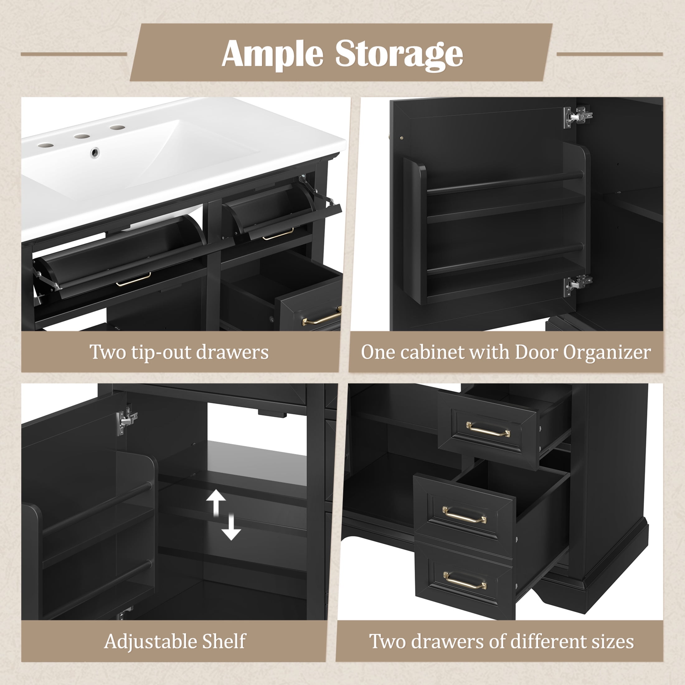 Christopher Knight Home 36" Bathroom Vanity with Sink, Tip-out Drawers, Soft-Close Doors, Black