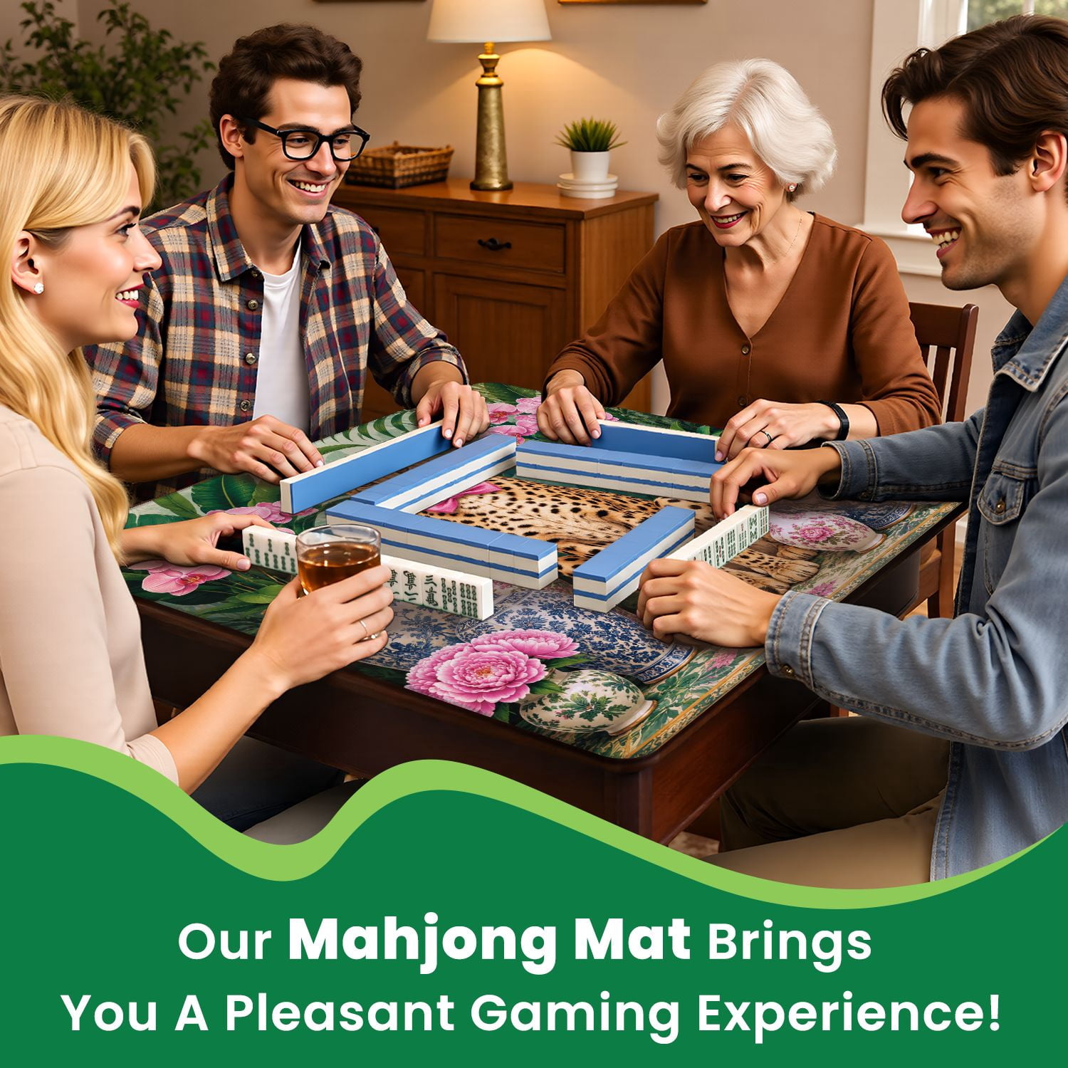 Mahjong Mat 31.5" x 31.5" Blue Cheetah Pink Bowtie Among Vibrant Pink Flowers Porcelain Vases Non-Slip Noise Reduction Mahjong Tiles Table Cover for Dominoes Poker Card Board and Tile Games