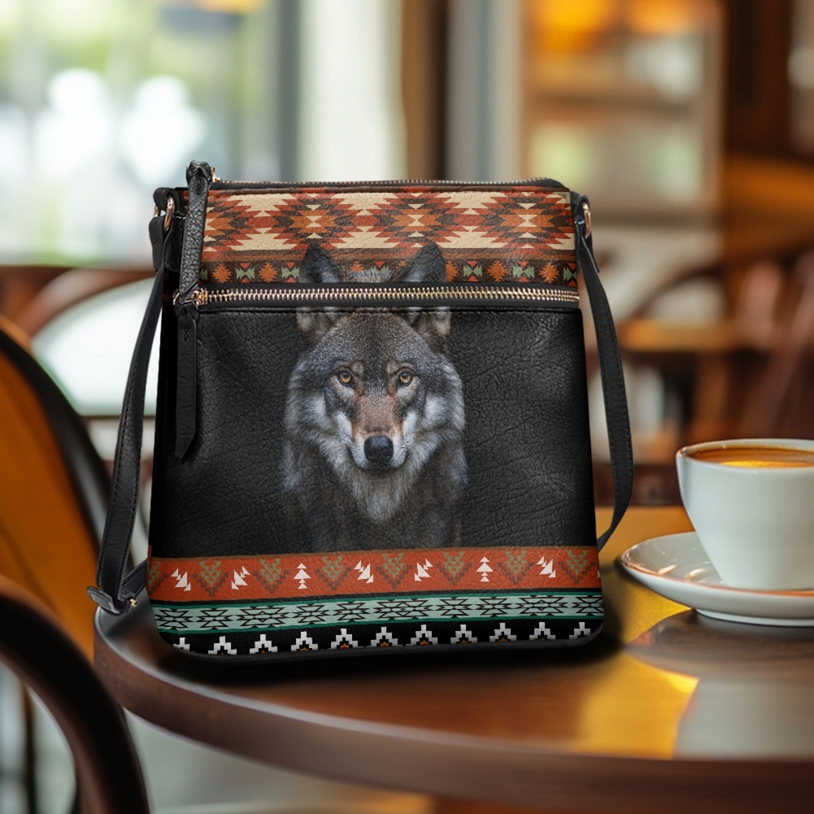 LedBack Aztec Wolf Print Crossbody Purse for Women Leather Shoulder Handbag Portable Cross Body Satchel Purse Messenger Purse for Travel Shopping, Black