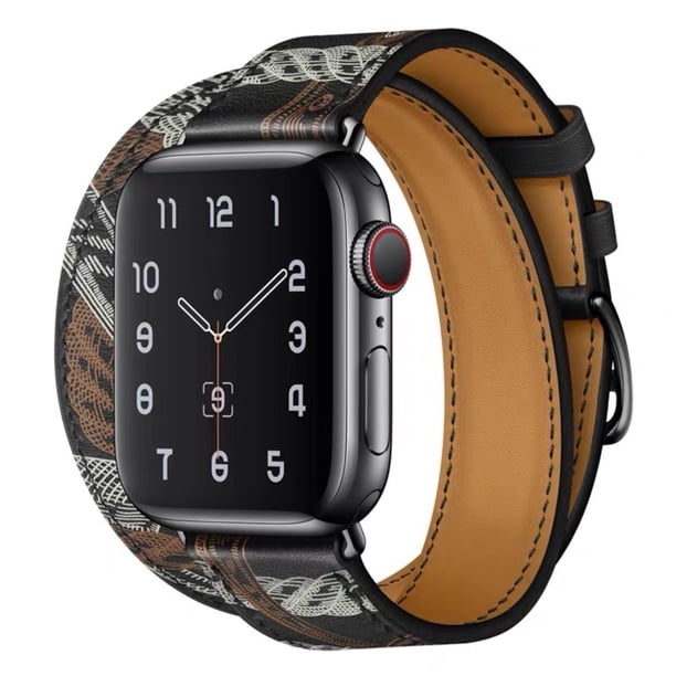 Adecuado para Apple iwatch7 correa de reloj de cuero genuino cuero de doble círculo contraste de color a juego primera capa de cuero correa de reloj de cuero PU correa de muñeca de doble círculo