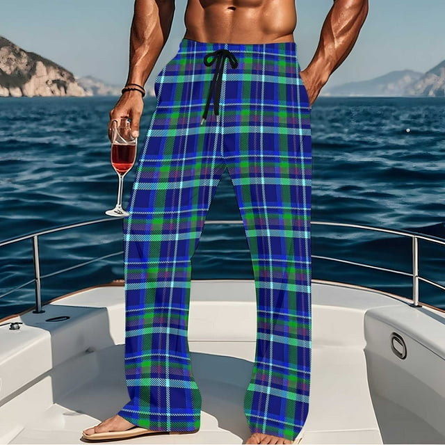 Pantalones de pijama largos para hombre, informales, con estampado a cuadros, holgados, deportivos, elásticos, rectos, vintage, con bolsillos