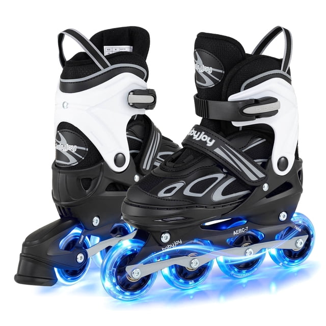 Babyjoy Patins en Ligne Réglables pour Enfants 7-9 Ans 4 Tailles Patins à Lame Réglables avec Roues Lumineuses Blanc et Noir