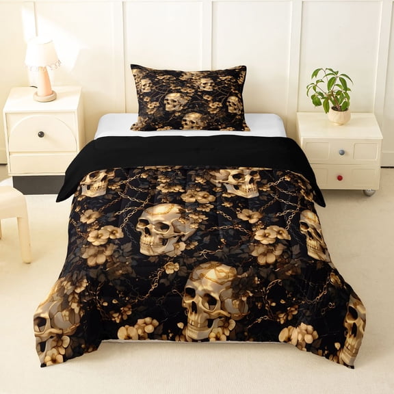 Homewish Spooky Halloween Skull Twin Comforter Sets,Baroque Goth Floral Bedding Set,Golden,Black Reversible,2-Piece,1 Comforter and 1 Pillowcase