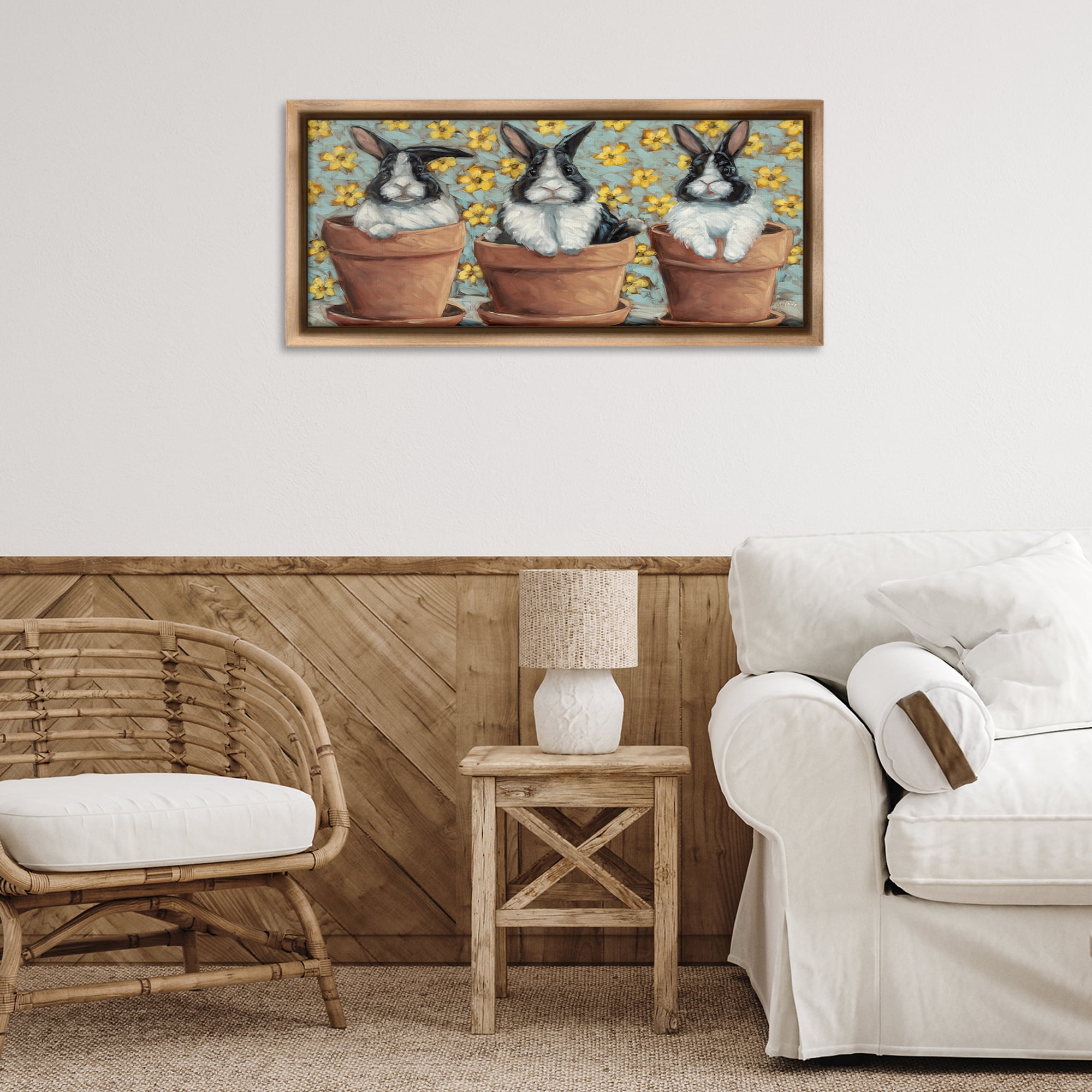 Stupell Industries Three Bunnies in Pots Animals & Insects Painting Brown Floater Framed Canvas Art Print Wall Art, 31 x 14