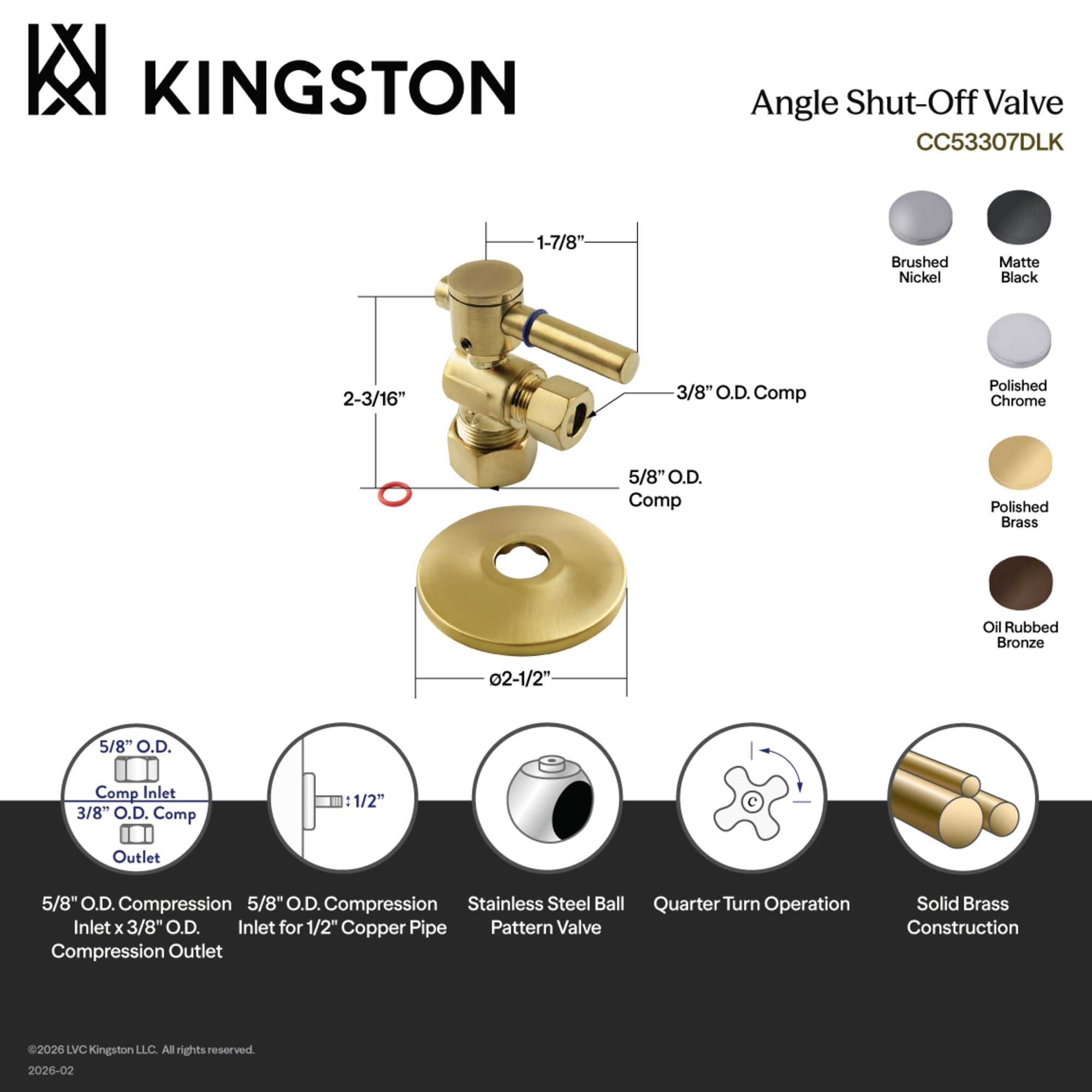 Kingston Brass CC53300DLK 5/8-Inch O.D. Comp x 3/8-Inch O.D. Comp Quarter-Turn Angle Shut-Off Valve with Flange in Matte Black