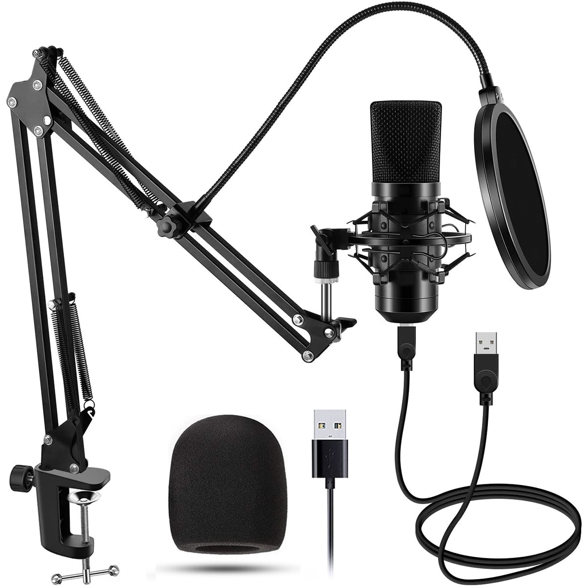 Shock Mount and Pop Filter PC Microphone Bundle for Podcast Karaoke Recording USB Microphone for Computer with Adjustable Mic Suspension Scissor Arm 【Upgrade】 USB Microphone Kit USB Cable 