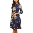 thumbnail image 4 of Women's Midi Dress Casual 34 Sleeve Floral Printed ALine Swing Dress with Crew Neck Navy Blue XXL, 4 of 5