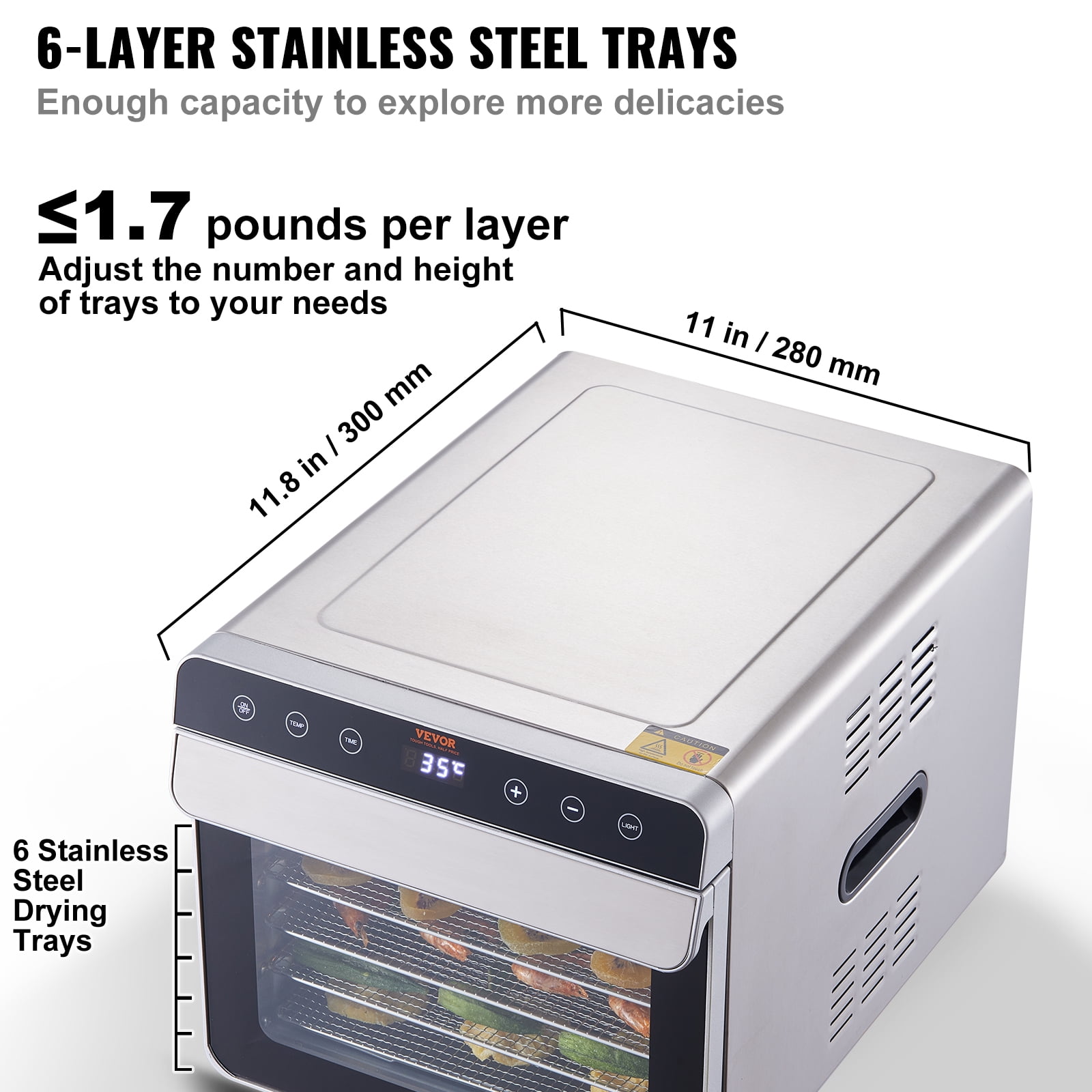 BENTISM 10 Trays Food Dehydrator Machine Stainless Steel 1000W Jerky Fruit  Drying 