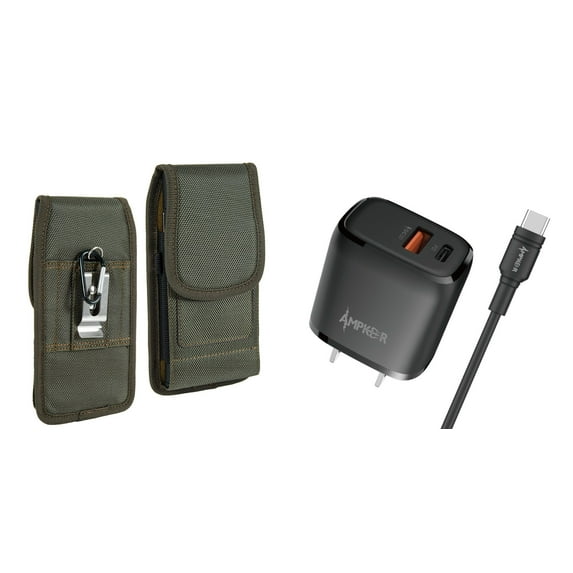 Wall Charger and Holster Bundle for Samsung Galaxy A04s: Vertical Rugged Nylon Belt Holster Case (Midnight Green) and 38W Dual Port (Power Delivery PD Type-C and USB-A) Power Adapter