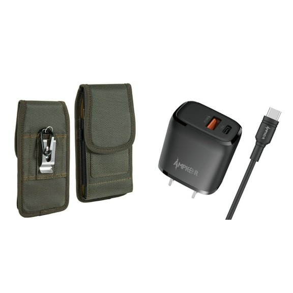 Holster and Wall Charger Bundle for Samsung Galaxy A13 5G: Vertical Rugged Nylon Belt Pouch Case (Midnight Green) and 38W Dual Port (Power Delivery PD Type-C and USB-A) Power Adapter