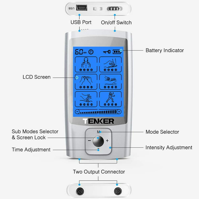 TENKER TENS Unit Muscle Stimulator, 24 Modes TENS EMS Machine for Pain  Relief Therapy/Pain Management, Rechargeable Electronic Pulse Massager with