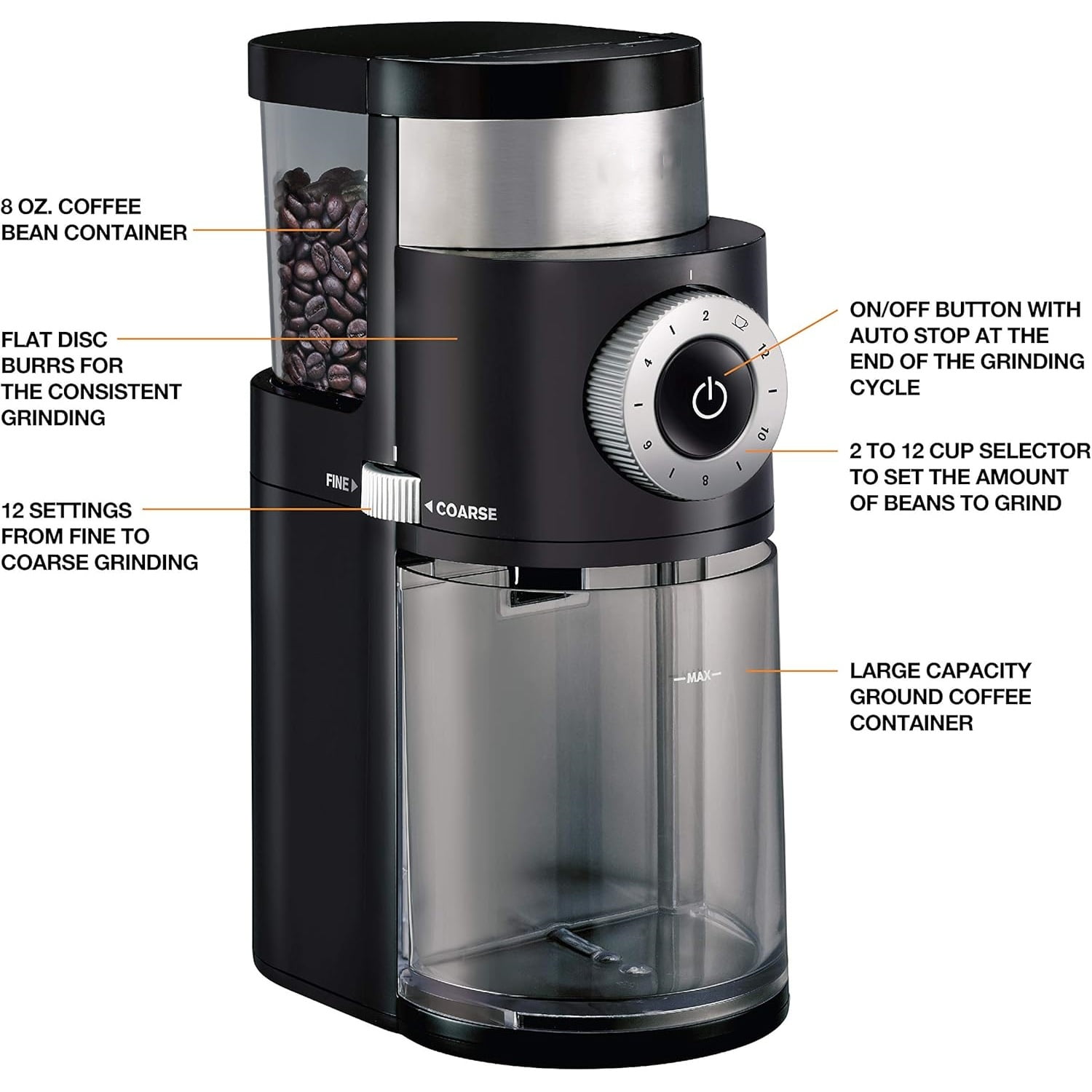 Precision Burr Coffee Grinder: 12 Settings, 8 oz Capacity for Drip, French Press, Espresso, Pour Over, Cold Brew - Stainless Steel, 110W, Auto-Stop, Easy Clean - Coffee Grinders for Home Use