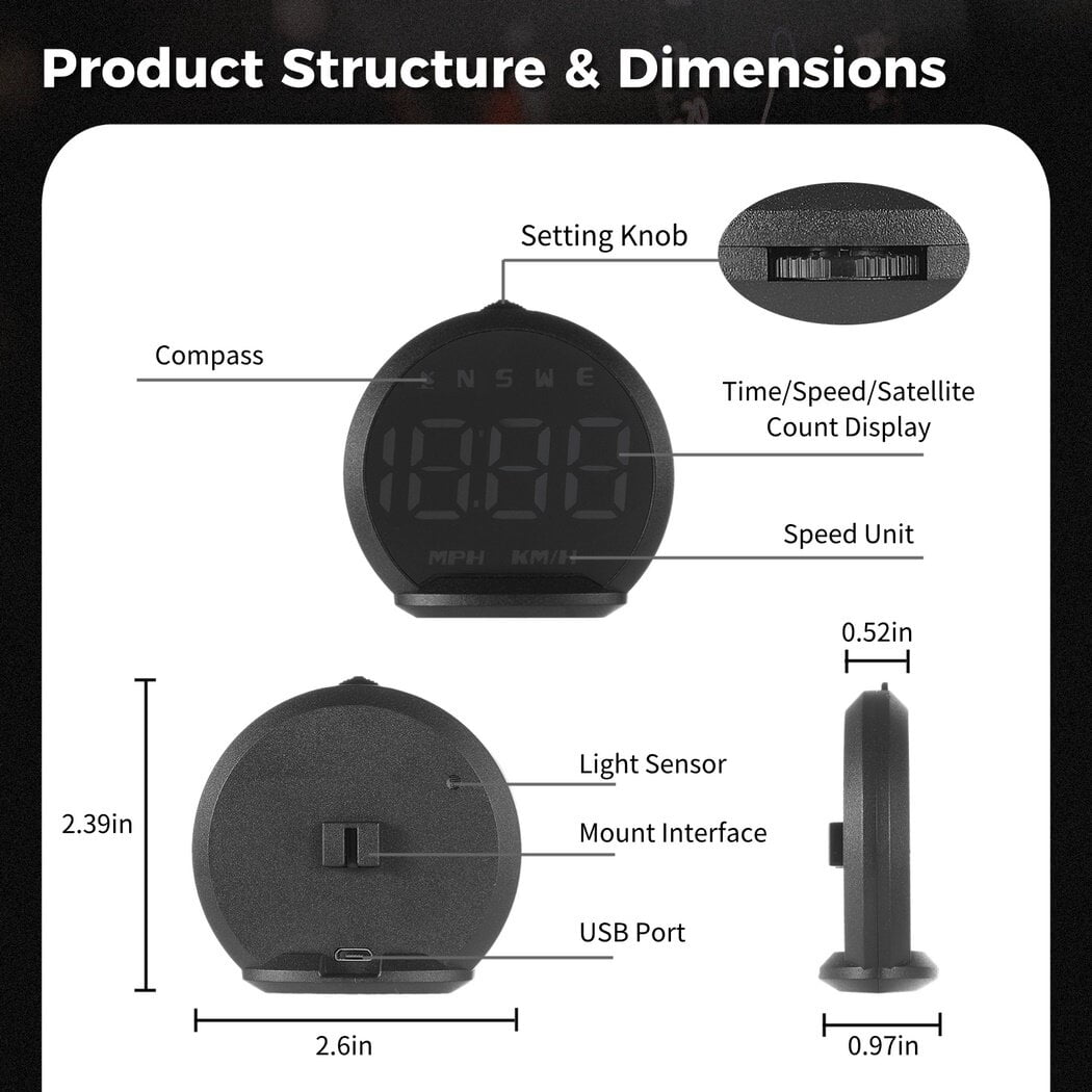 GPS Speedometer, LED Head Up Display for Cars, Digital GPS Speedometer with Compass Clock, Overspeed Alarm Fatigue Driving Reminder, USB 5V Powered Compatible with All Vehicles