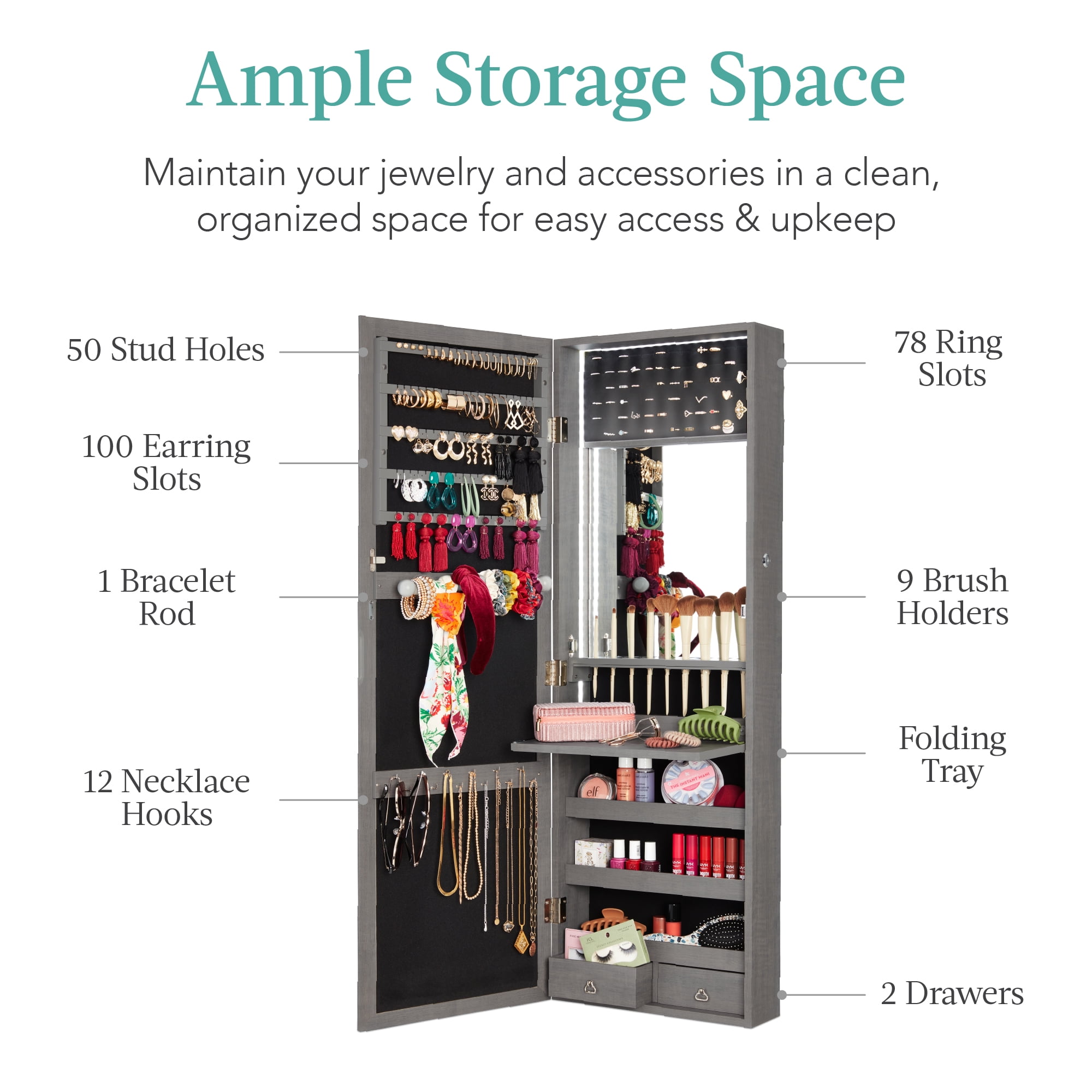 Best Choice Products Hanging Mirror Jewelry Armoire, Door or Wall Mounted Cabinet w/ LED Lights, Lock - Gray Oak