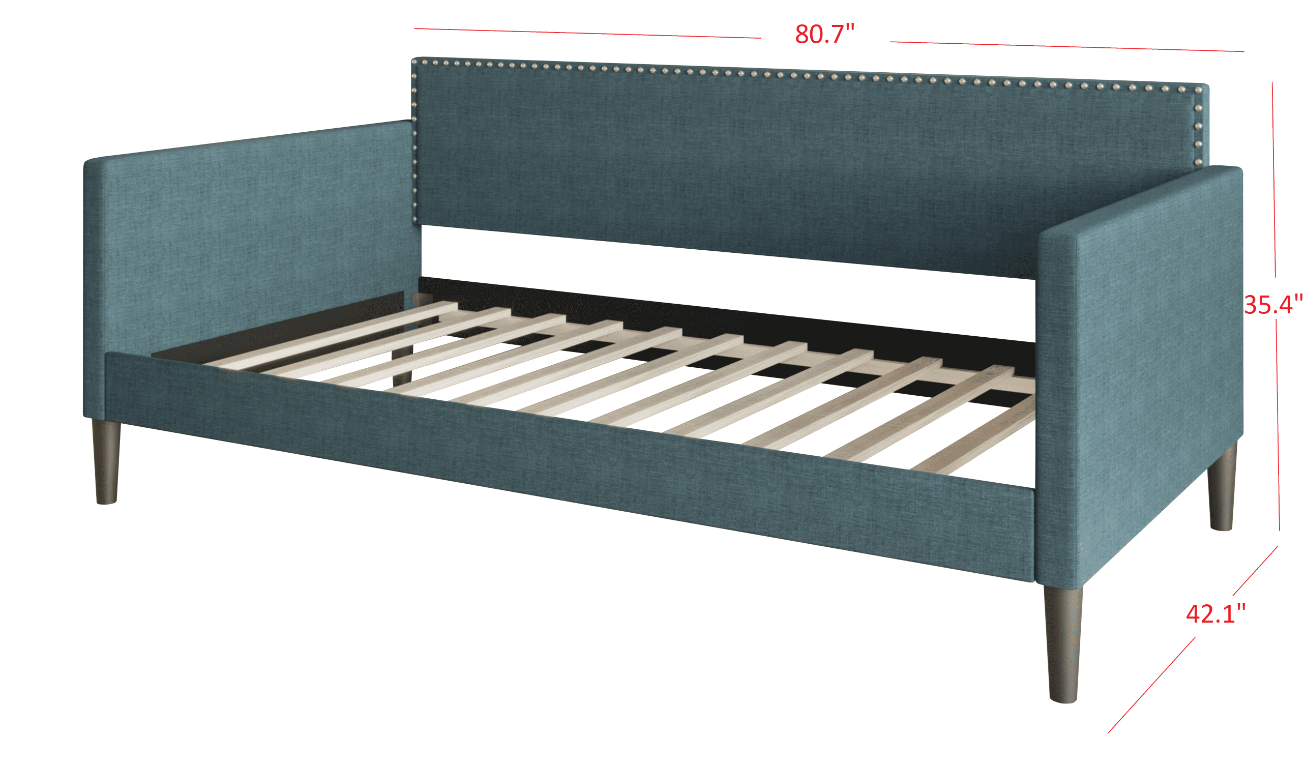 Home Design Sutton Twin Daybed with Upholstered Frame, Square Arms, Nailhead Trim, Comfortable Polyester Fabric, Stylish Seating and Sleeping Solution, Denim Blue
