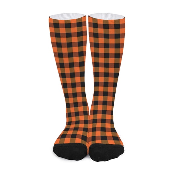 DIQADILA Orange and Black Buffalo Check Print Long Socks