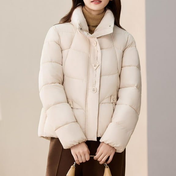 Ounisa Women's Winter Cropped Puffer Jacket Classic Long Sleeve Stand Collar Padded Down Coats