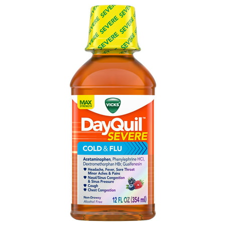 Vicks DayQuil SEVERE Cough, Cold & Flu Relief Liquid, 12 Fl Oz - Relieves Daytime Sore Throat, Fever, and (Best Thing To Take For Congestion)