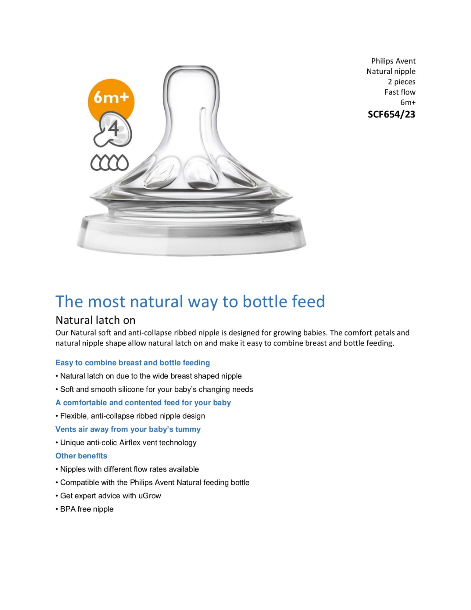  Avent Natural Teat - Fast Flow 4 Hole 6mth+ (2) : Baby