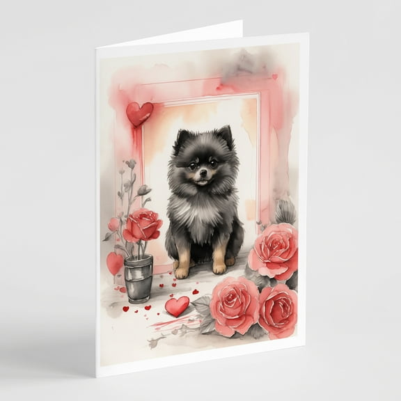 Black Pomeranian Valentine Roses Greeting Cards Pack of 8 7 in x 5 in