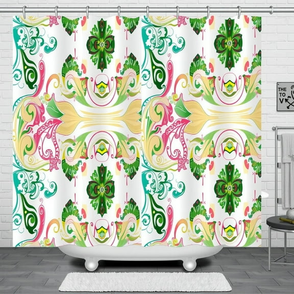 Colorful Shower Curtain - White Background with Green Yellow Pink & Blue Design for Any Bathroom